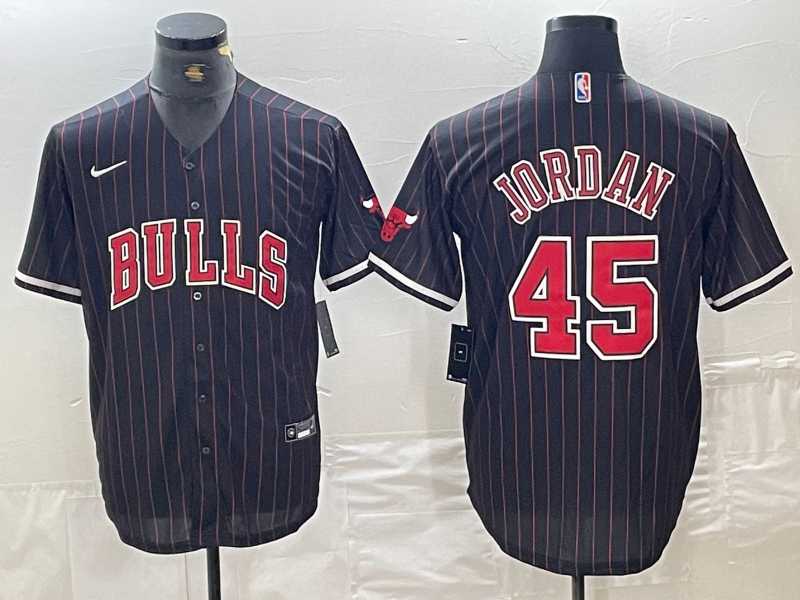Mens Chicago Bulls #45 Michael Jordan Black Pinstripe Cool Base Stitched Baseball Jerseys->->NBA Jersey